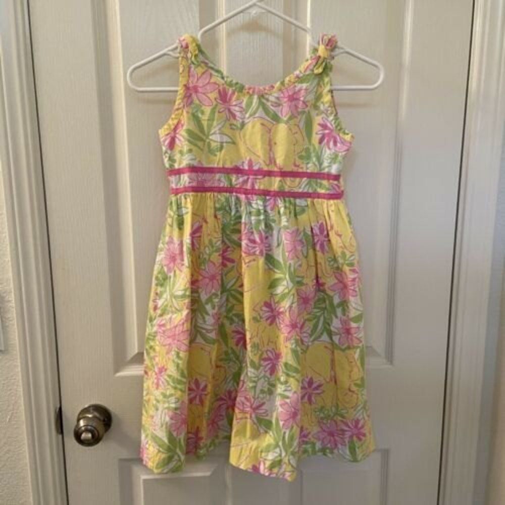 Lilly Pulitzer Yellow Pink Elephant Floral Dress Girls Size 8